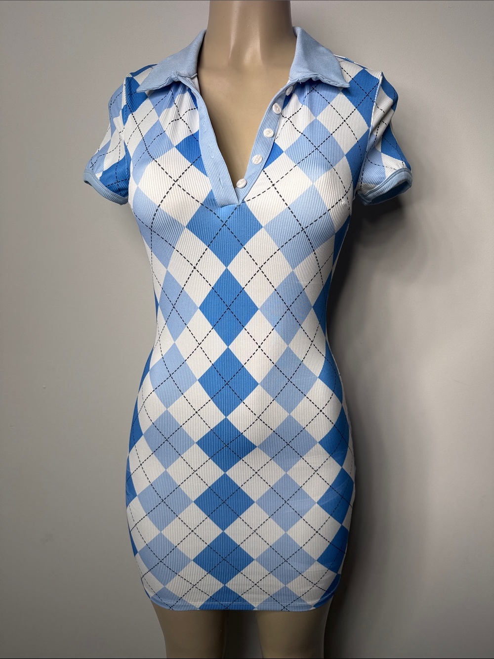 Princess Polly Blue & White Argyle Polo Dress